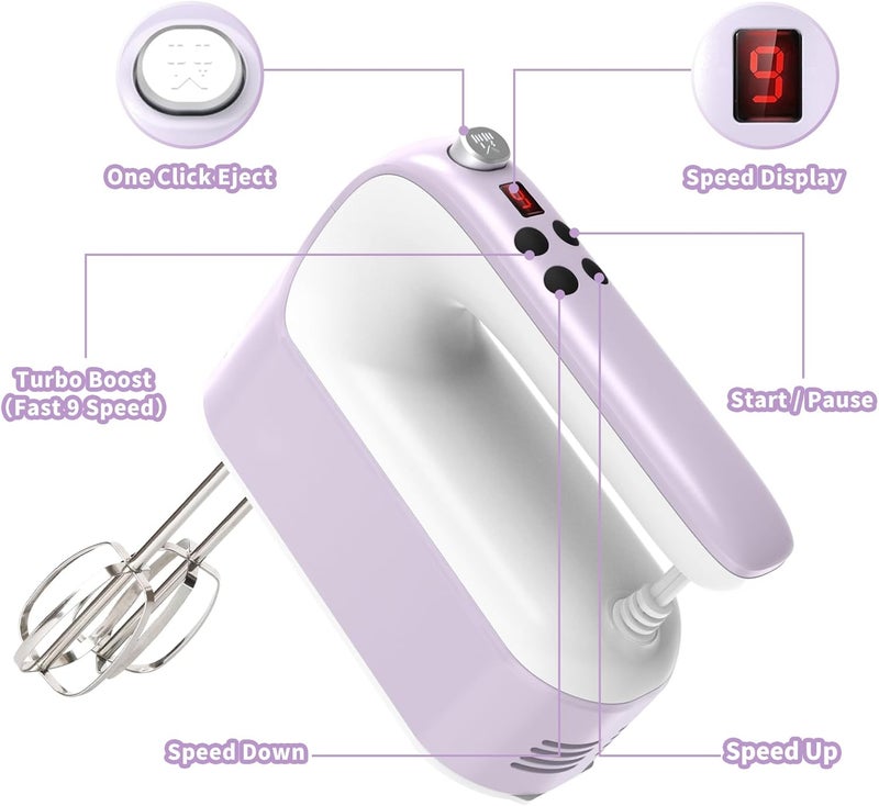 Yomelo 9-Speed Digital Hand Mixer Electric, 400W Powerful DC Motor, Hand Mixer Electric Handheld with Snap-On Storage Case, 5 Stainless Steel Accessories, Beaters, Dough Hooks, Whisk(Lilac Purple) - Image 2